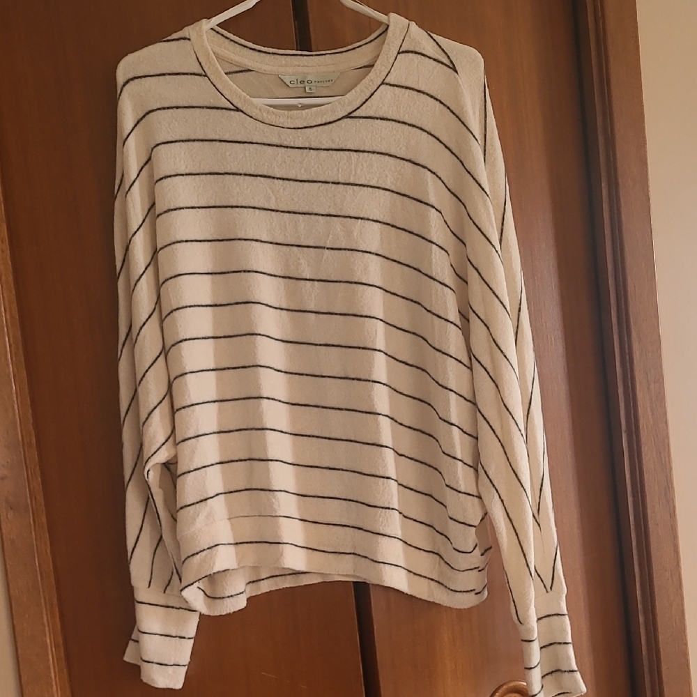Cleo Women's Beige and Black Striped Bat Wing Sleeve Top